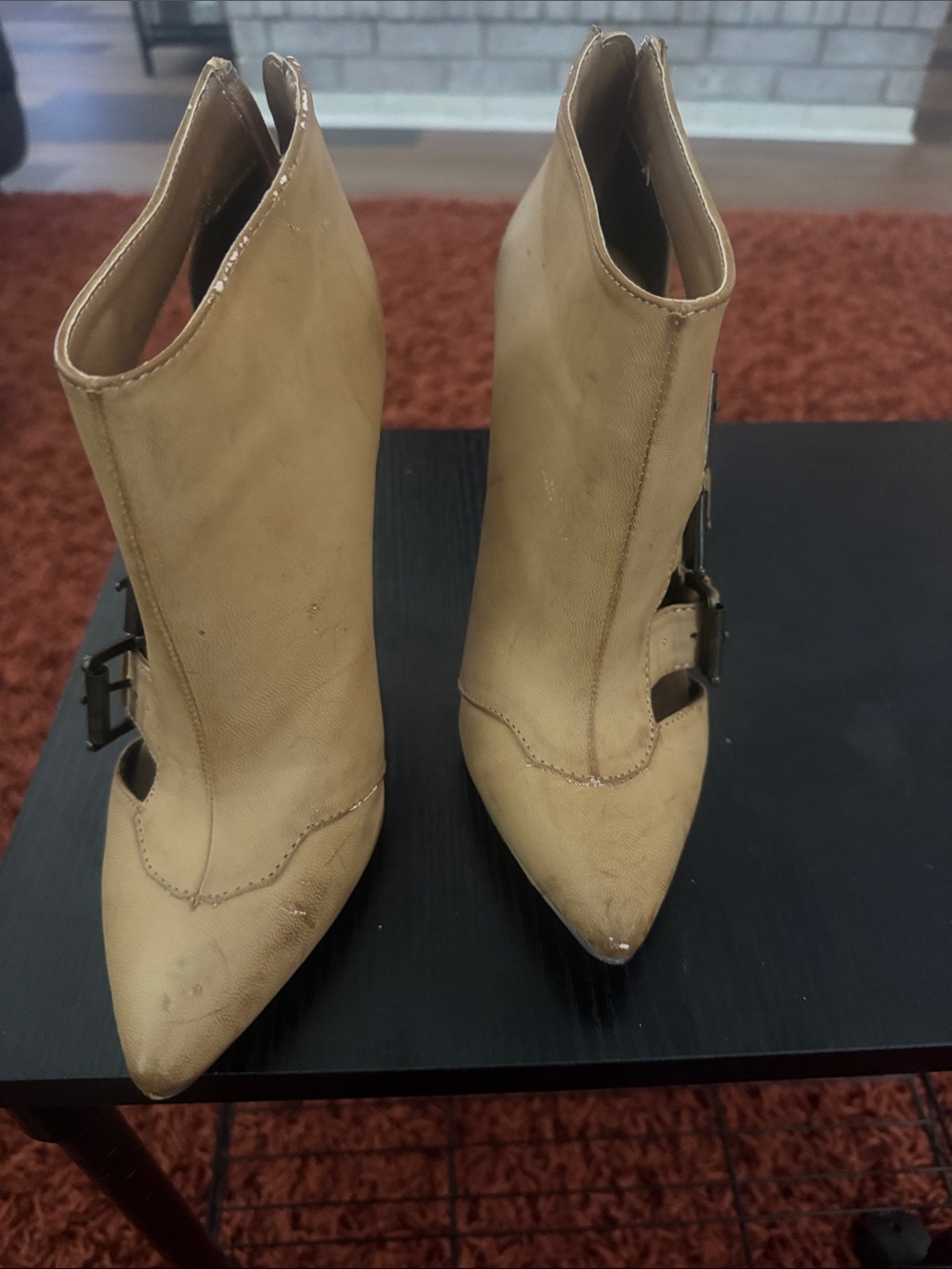 Michael Antonio Beige Pointed-Toe Buckle Heeled Boots